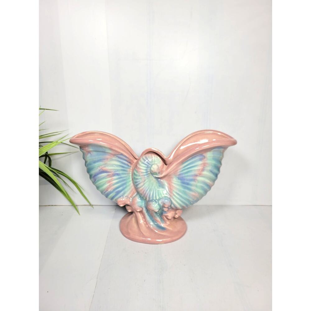 Vintage Royal Haeger Double Nautilus Shell Vase, Pink and Turquoise Planter R322
